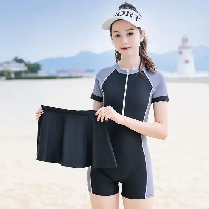 Maillot de bain une pièce avec jupe pour fille, à manches courtes, tenue de sport, anti-éruption cut
