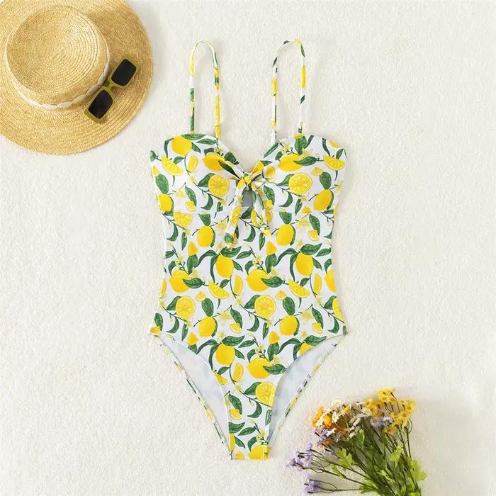Maillot de bain une pièce sexy pour femme, imprimé feuilles de citron jaunes, avec découpes frontale