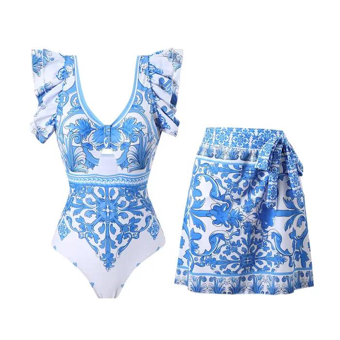 Maillot de bain une pièce moulant pour femme, imprimé porcelaine bleu et blanc, avec ensemble de par