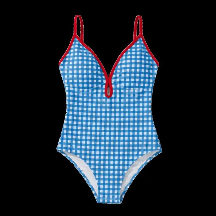 Maillot de bain une pièce simple à dos ouvert, coupe ajustée, motif à carreaux, col en V, pour l'été