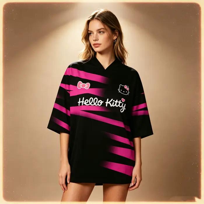 Maillot de football noir et rose Hello-Kitty pour femme, t-shirt surdimensionné à col en V, imprimé 