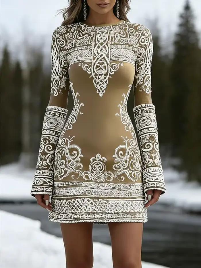 Robe courte moulante à col rond et manches longues pour femme, élégante et amincissante