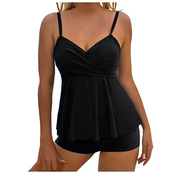 Ensembles de bikinis pour femmes, taille haute, push-up, deux pièces, froncés, couleur unie, tenues 