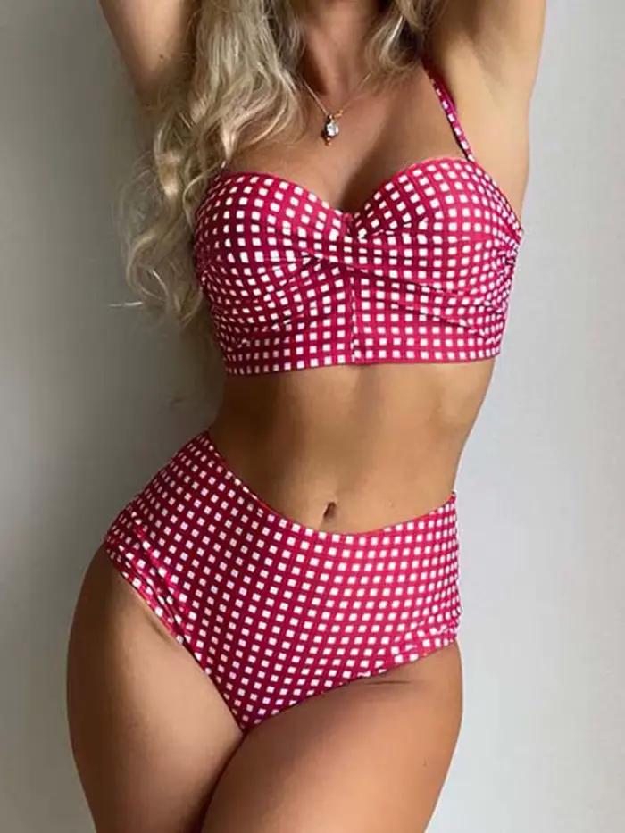 Bikinis taille haute 2026 pour femmes, maillots de bain imprimés à carreaux, maillots de bain sexy à