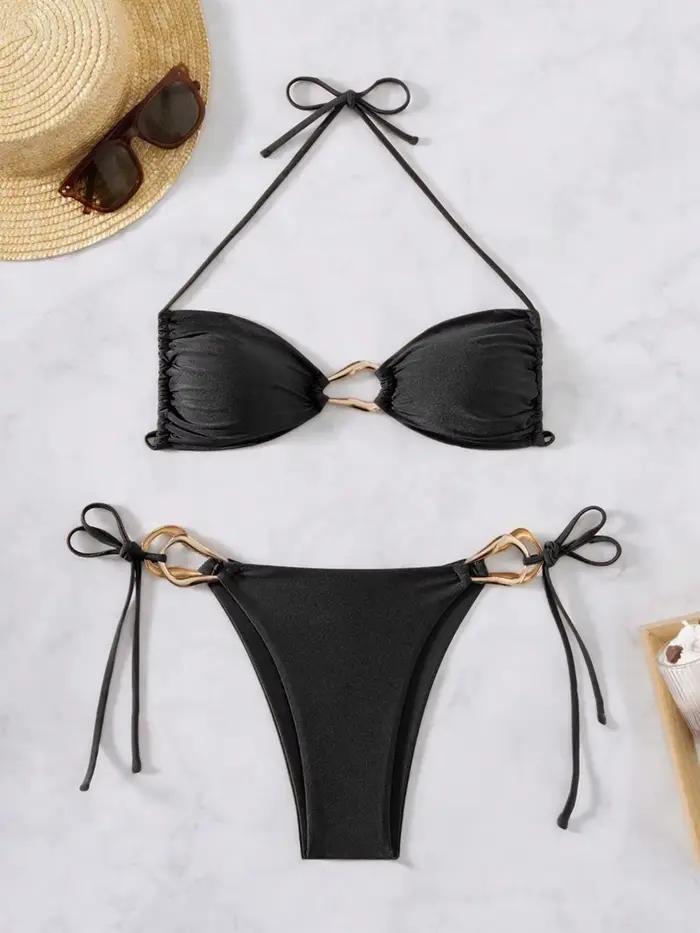 Sexy noir café Bikini ensemble 2025 femmes métal ornement évider Push Up soutien-gorge string maillo