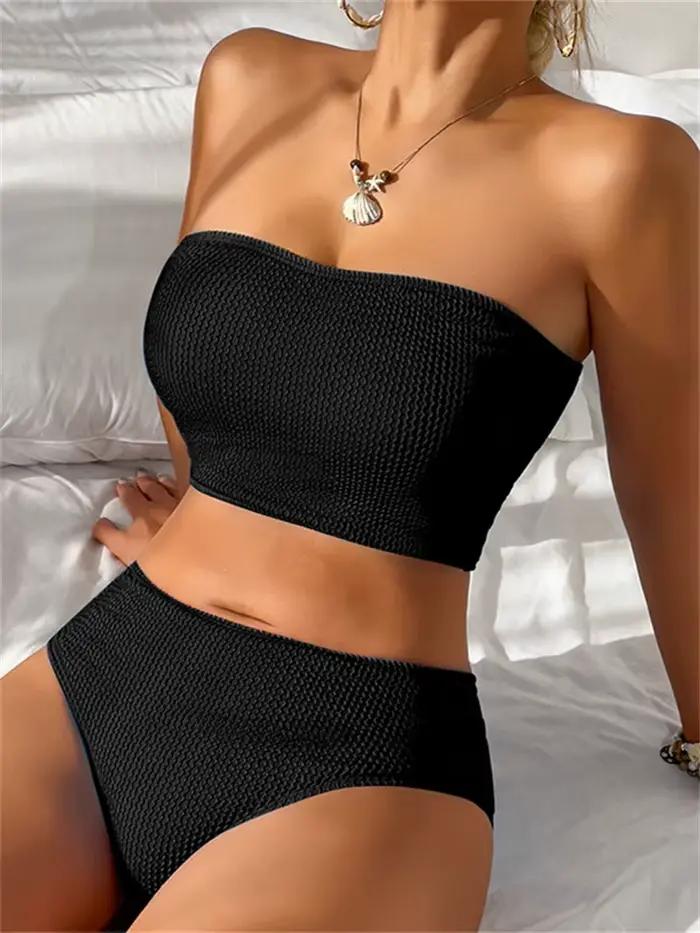 Bikini bandeau sexy 2026 pour femme, noir côtelé, push-up, taille haute, maillot de bain d'été pour 