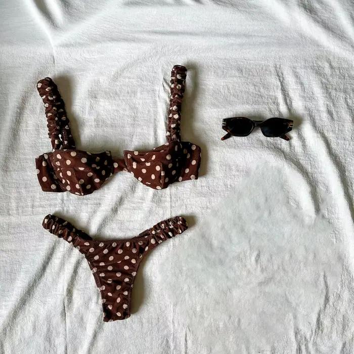 Ensemble de bikini brésilien sexy à pois pour femme, maillot de bain à armatures imprimé, style halt