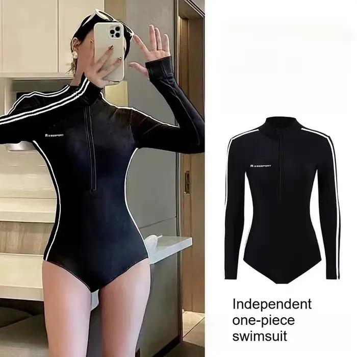 Maillot de bain une pièce à manches longues pour femmes, combinaison complète avec fermeture éclair 
