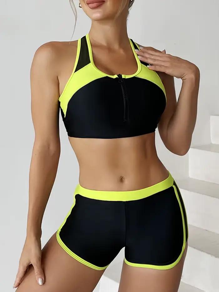 Ensemble bikini zippé 2026 deux pièces pour femme avec short, maillot de bain sportif, tenue de plag