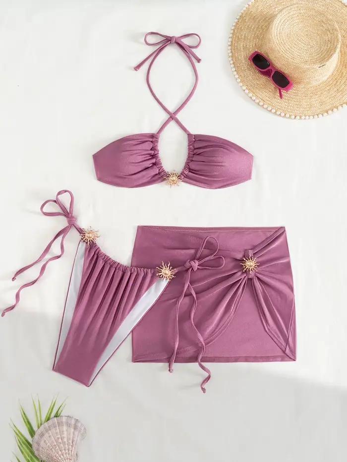 Maillot de bain 3 pièces sexy pour femme, orné de métal, violet, plissé, avec jupe en maille push-up