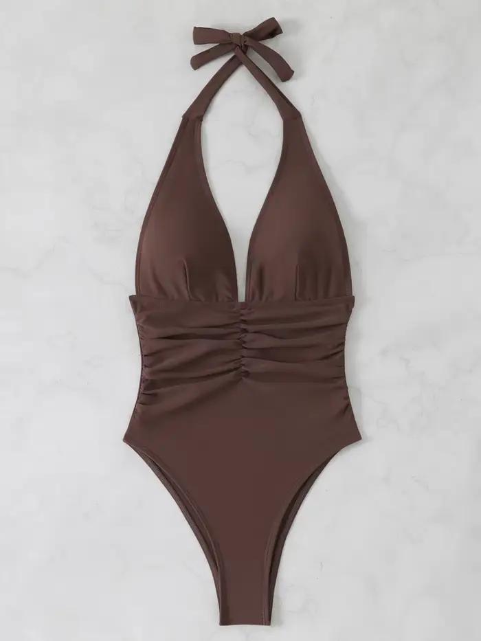 Maillot de bain une pièce Sexy, col licou, couleur unie, plongeant, dos nu, pour baigneurs, rembourr