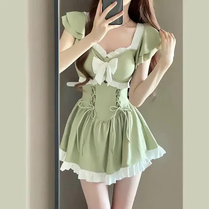 Ins Style-Maillot de bain vert une pièce pour femmes, vêtements de plage d'été, jupes de princesse, 