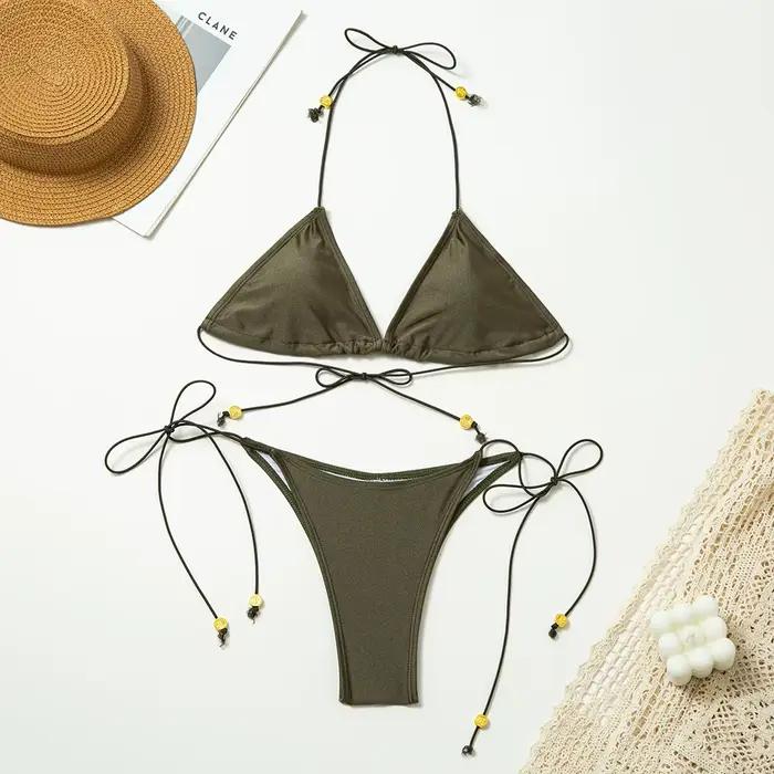 Femmes Bikini deux pièces été Sexy licou cou String taille haute dos nu solide mince vacances plage 