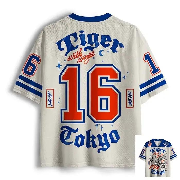 T-shirt unisexe à col en V imprimé en 3D style japonais rétro avec tigre à ailes, décontracté, tenda