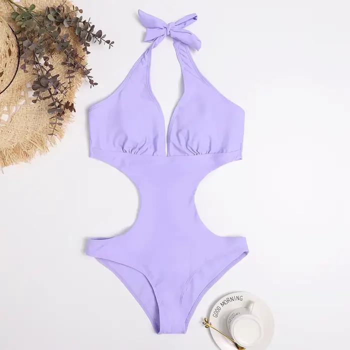 Maillot de bain Trikini découpé, Sexy, couleur unie, décolleté en V profond, col licou, dos nu, une 