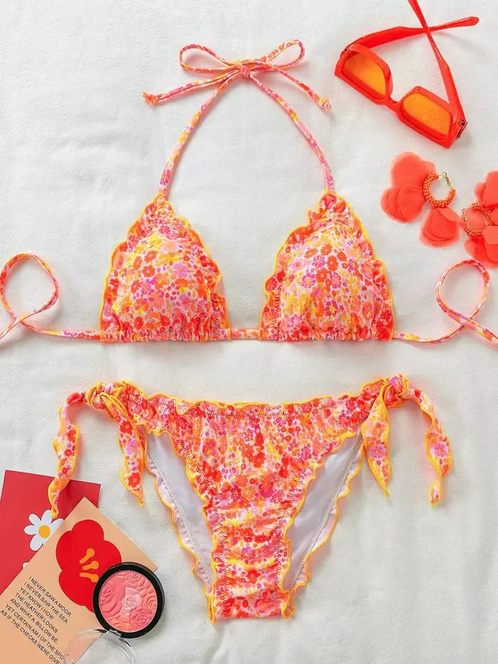 Ensemble bikini mignon à imprimé floral orange pour femme, maillot de bain micro push-up à volants e