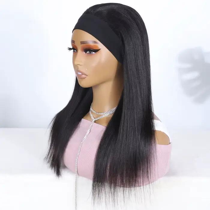 Perruques à bandeau Yaki lisses de 22 pouces pour femmes, perruques en cheveux humains de 28 pouces 