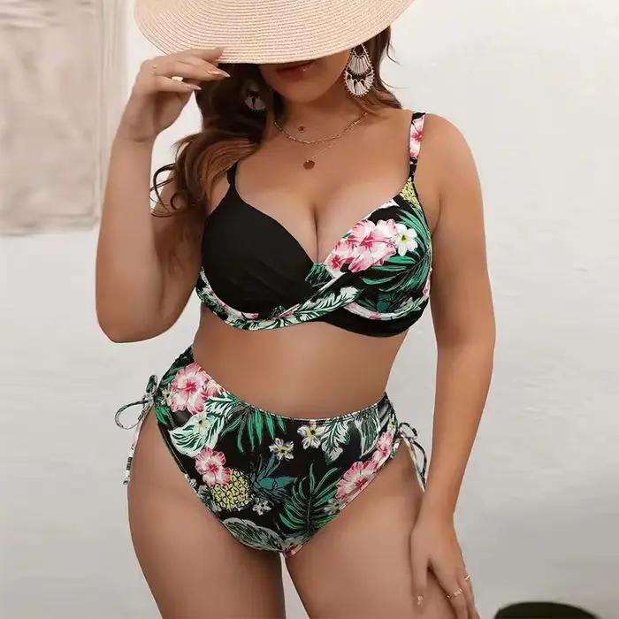Grande taille ensemble de Bikinis fendus pour les femmes imprimé cordon Push Up maillot de bain fend
