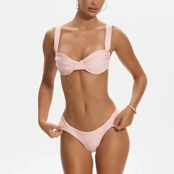 Ensemble de bikini froncé pour femmes, maillot de bain deux pièces, coupe haute, sexy, style brésili