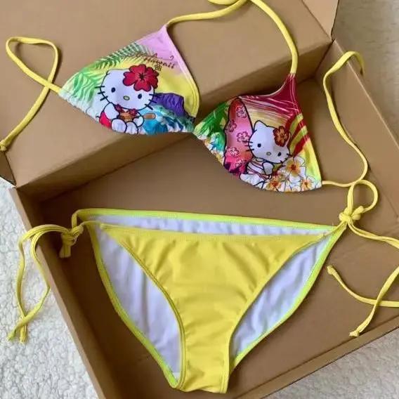 Maillot de bain Kawaii Hello Kitty Y2K pour filles, ensemble bikini sexy pour femme, tenue de plage 