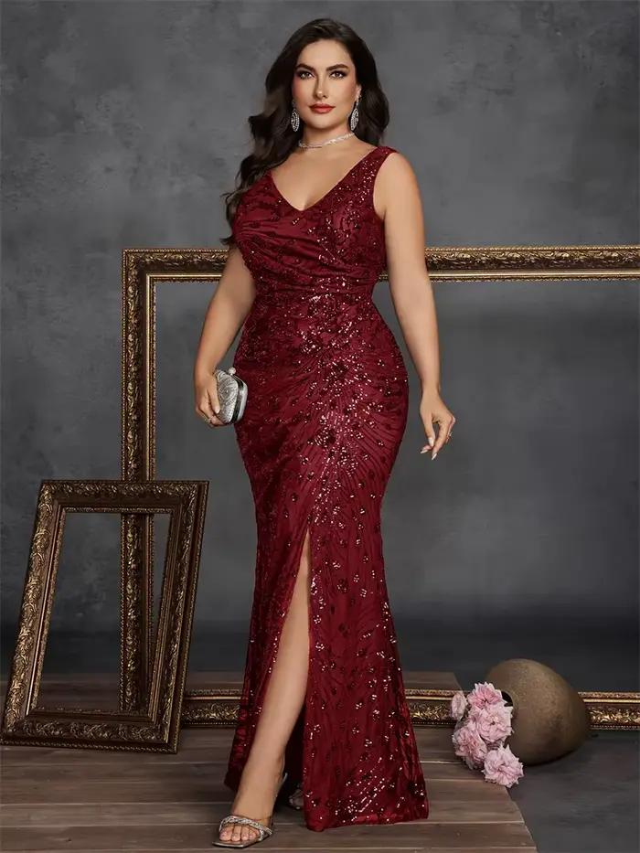 Grande taille élégante fente robe de soirée 2025 femmes longue sirène formelle paillettes col en v C