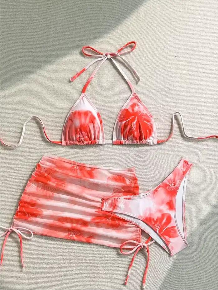 Sexy 3 pièces ensemble Bikini femmes imprimé maillot de bain fendu sangle de cou maillot de bain ave