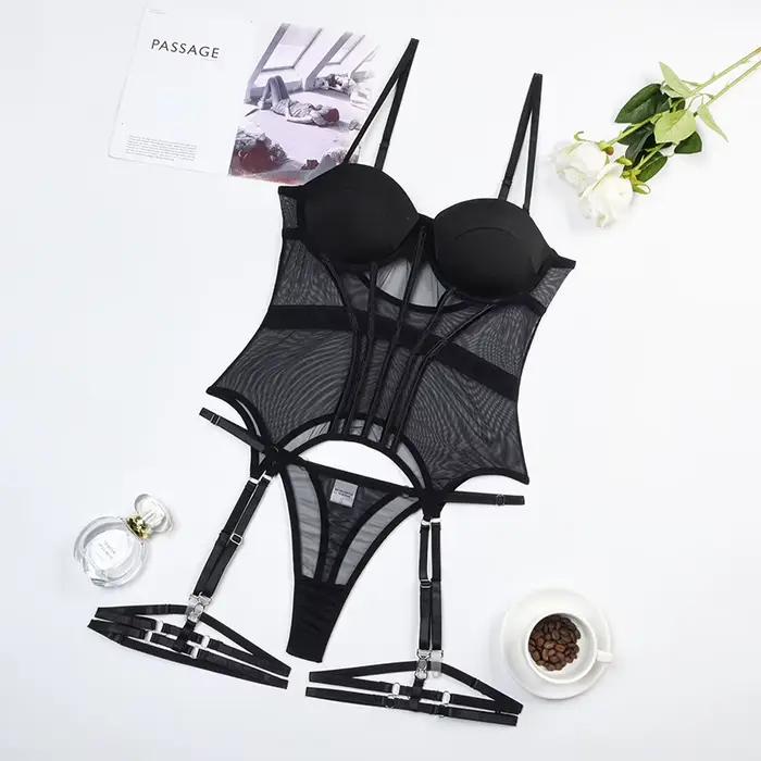 Lingerie Lxury marque body dos nu hauts pour femmes 3 pièces ensemble de Lingerie avec jarretière ro
