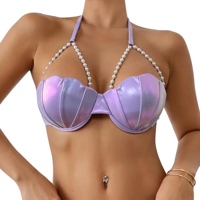 Hauts de bikini à perles pour femmes, col licou, paillettes, coquille, maillot de bain, style plage,
