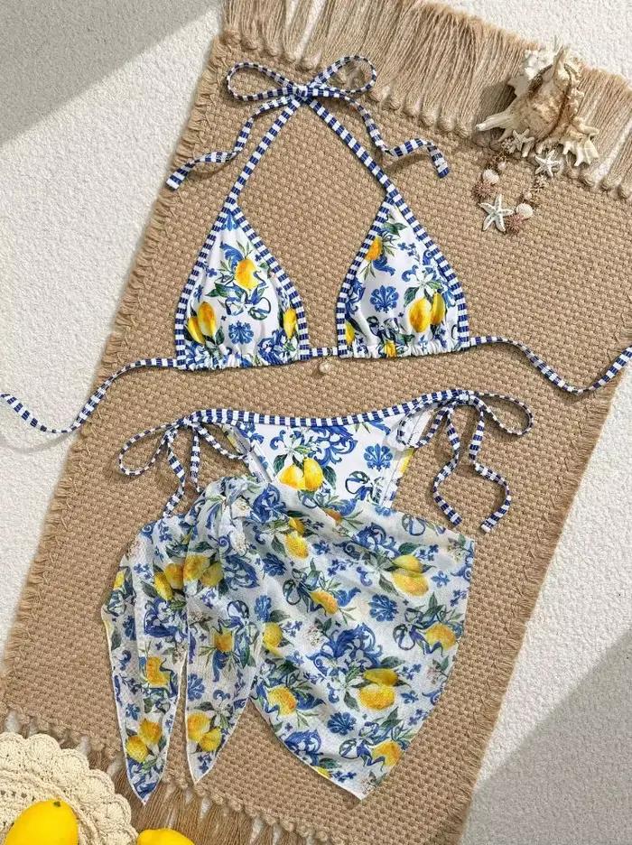 Maillot de bain bikini sexy trois pièces thème citron 2026 pour la plage et les sources chaudes – Po