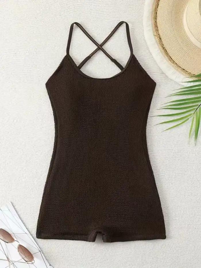 Maillot de bain une pièce femme 2026 Nouveau modèle uni côtelé à bretelles sexy Monokini short de pl