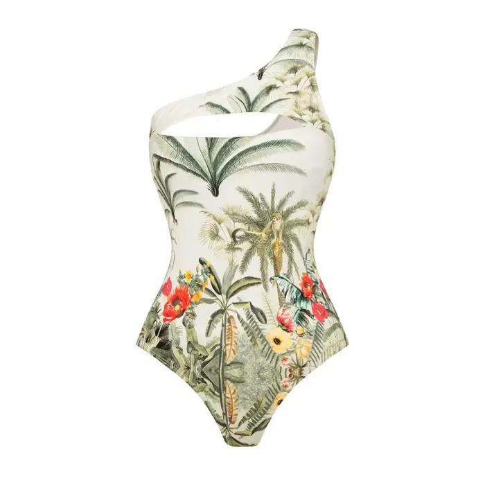 Maillot de bain à imprimé tropical, maillot de bain à une épaule et ensemble de sarong à volants, vê