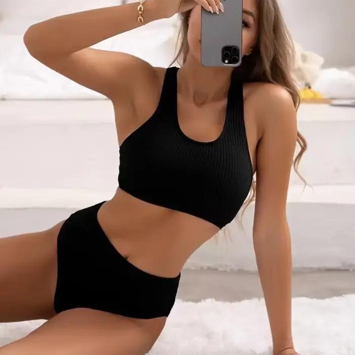 Criss Cross-Maillot de bain noir sexy pour femmes, taille haute, soutien-gorge push-up, vêtements de
