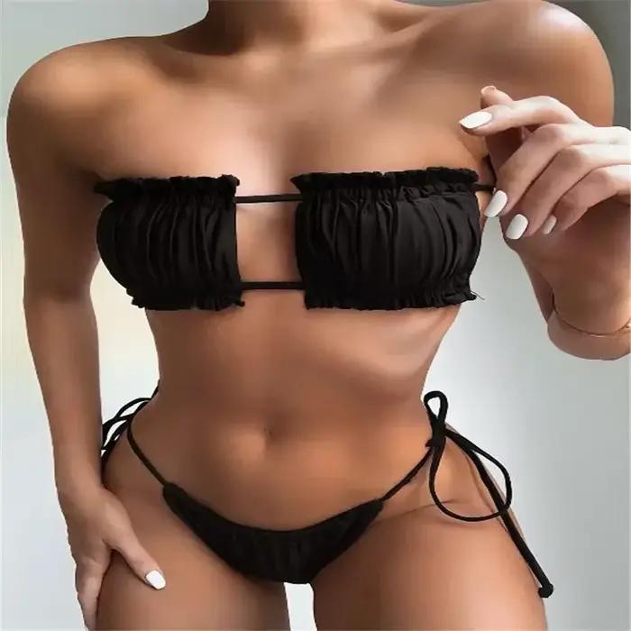 Maillot de bain plissé pour femmes, mini string, bikini, ensemble deux pièces, pour baigneurs, vêtem