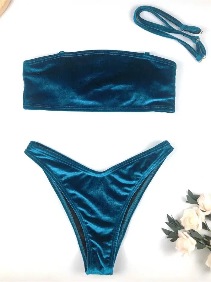 Vintage bleu Bikini velours maillot de bain femmes taille haute Bandeau Bikinis ensembles tenue de p