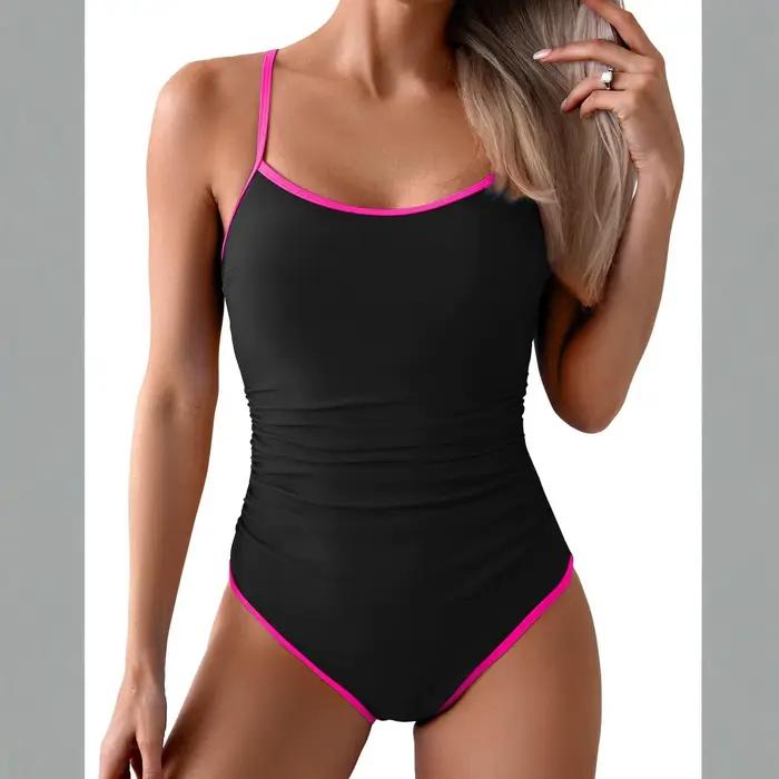 Maillot de bain amincissant pour femme, contrôle du ventre, bretelles spaghetti, bordure contrastant