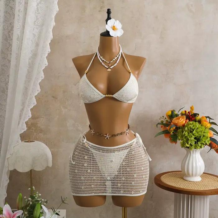 Ensemble bikini trois pièces en maille à sequins avec jupe, bikini à volants et à franges, maillot d