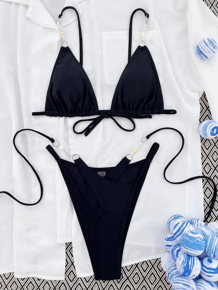 Femmes Sexy Bikini fausse perle maillot de bain solide Trikini brésilien Bikinis ensemble féminin ma