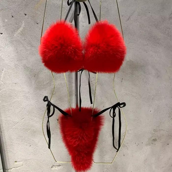 Bikini en Fourrure Naturelle pour Femme, Bikini en Vraie Fourrure de Renard