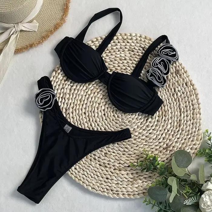 Maillots de bain femme deux pièces fleur Bikinis femme 2 pièces 3D Rose Bikini ensemble coupe haute 
