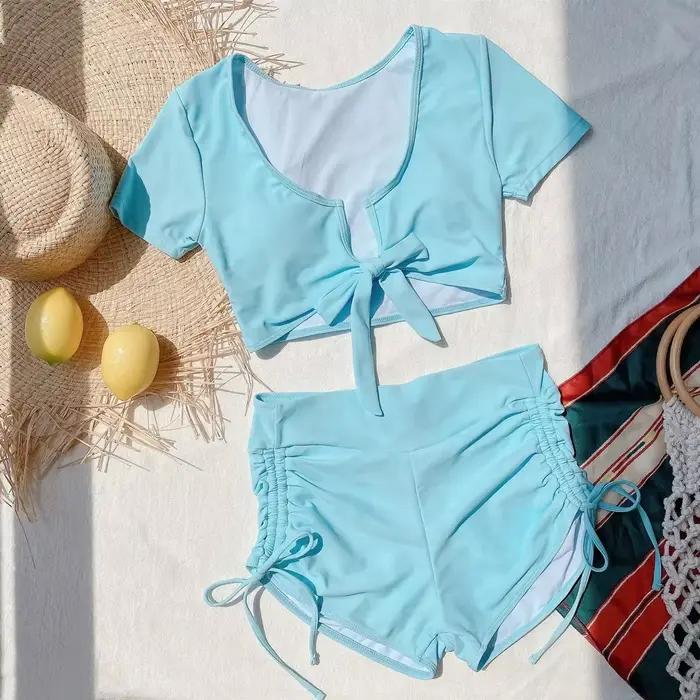 Maillot de bain deux pièces 2026 pour femme, manches courtes, taille haute, nœud papillon, imprimé s