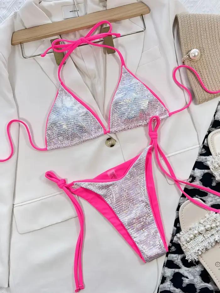 Bikini 2026 Sexy Triangle Paillettes Brillantes Maillot de Bain Femme Halter Ensemble Bikinis Tenue 