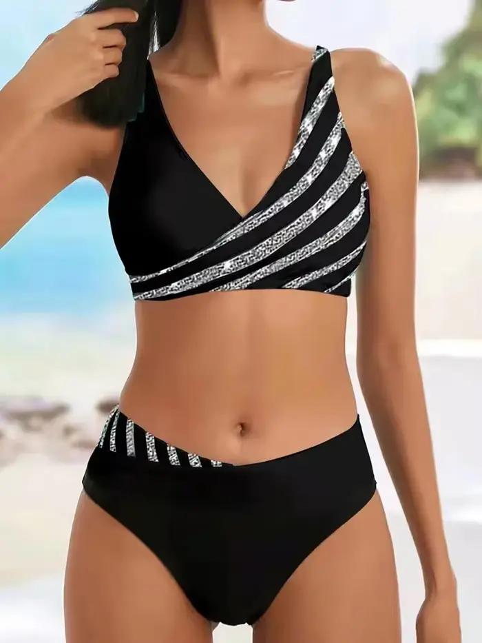 Maillot de bain blanc deux pièces pour femmes, soutien-gorge push up, bikini, micro rayé, grande tai