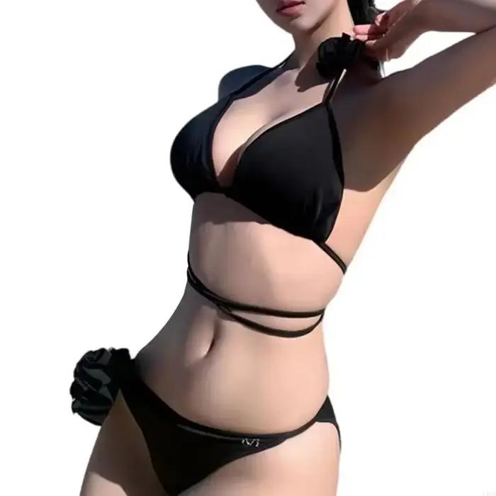 Femmes Floral licou maillots bain ensemble dames taille basse String maillot bain ensemble triangula