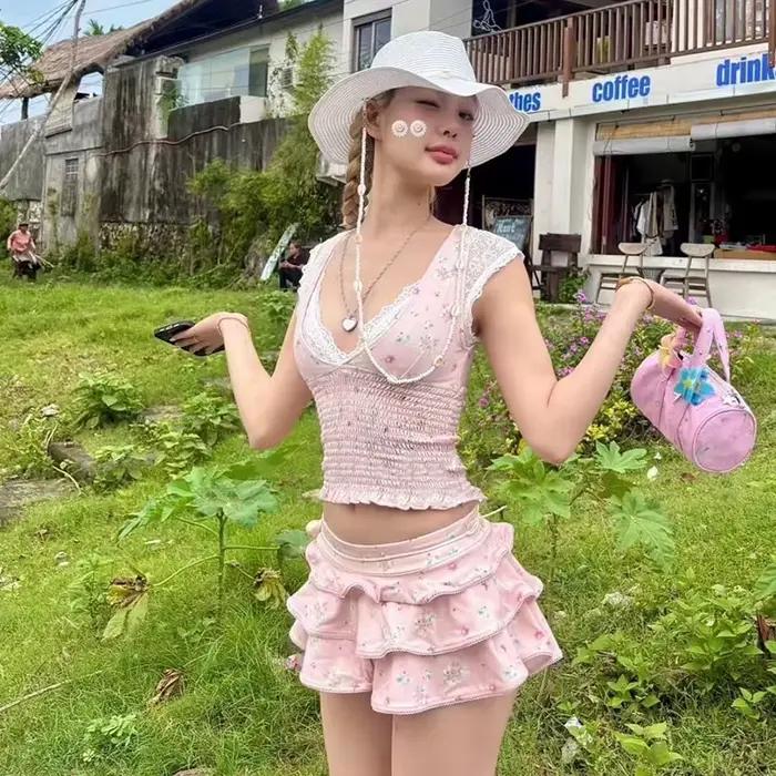 Maillot de bain bikini en dentelle florale pour femme, style conservateur, taille haute, monokini sé