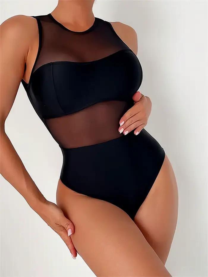 Maillot de bain une pièce sexy transparent 2026 pour femme, noir uni, en maille, avec découpes, dos 