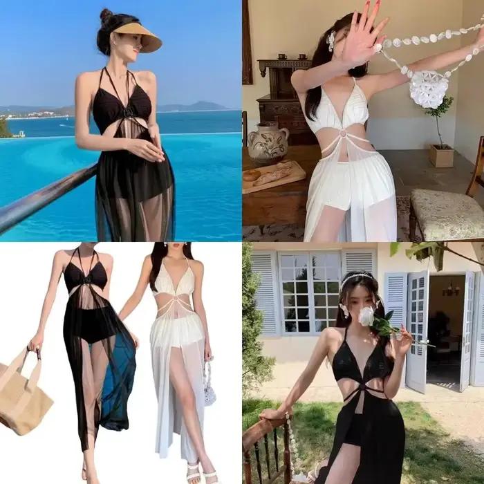 Maillot bain à col licou pour femmes, avec robe plage transparente, triangulaire, col en V, ensemble