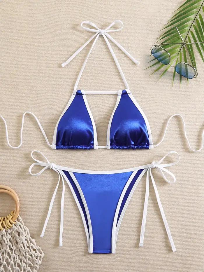 Femmes maillot de bain bleu Sexy Bikini réglable maillots de bain féminin Bikinis ensemble solide ma
