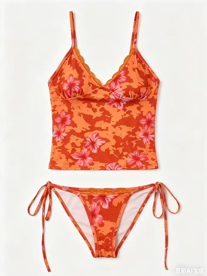 Été Orange Floral Imprimé Tankini Ensemble pour les Femmes, Dentelle Garniture V Cou Halter Tie Côté
