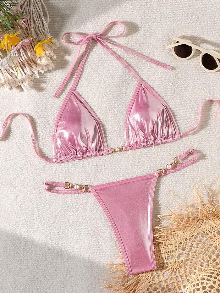 Bikini string de luxe en perles 2026 pour femme, soutien-gorge push-up rose brillant, micro maillot 