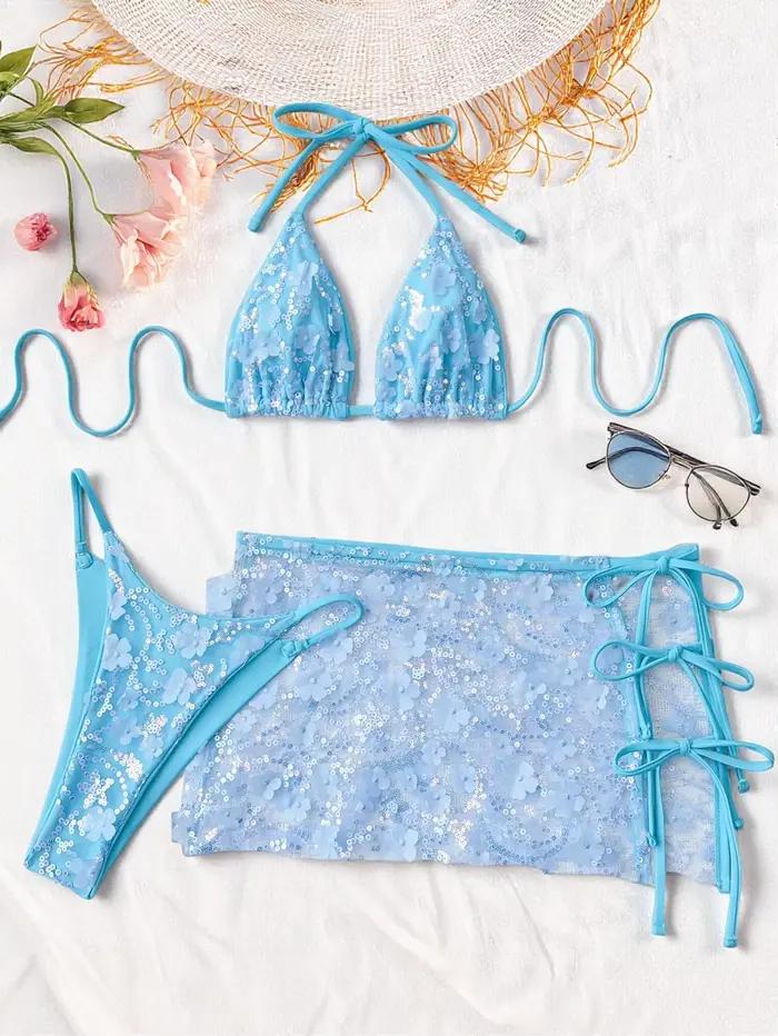 Ensemble de maillot de bain 3 pièces rose pailleté brillant avec soutien-gorge push-up et string, te
